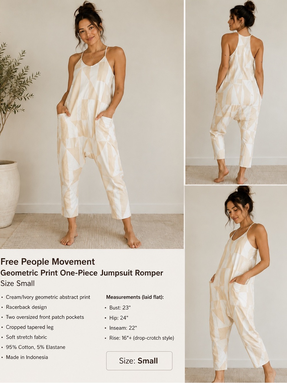 Free PeopleHot Shot  Cream & Ivory Geometric Racerback Jumpsuit